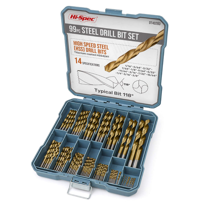 99pc SAE HSS Metal Drill Bit Set. 1/16 to 3/8" Sizes and Titanium Coated for Metal, Plastics, Wood and Drywall. Complete in a Slim Line Storage Case