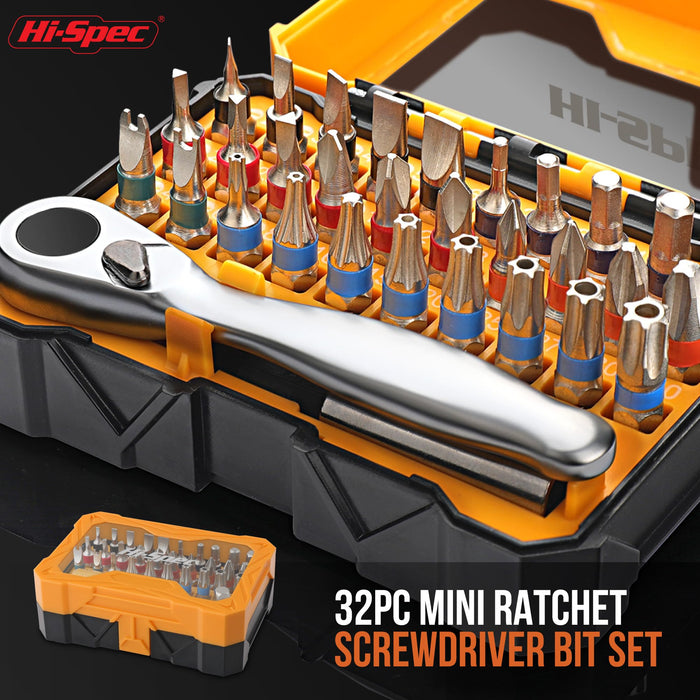 32pc Compact Metric Screw Driver Bit Set and Metal Mini Ratcheting Wrench. Incudes Tamper Proof Security Torx Bits