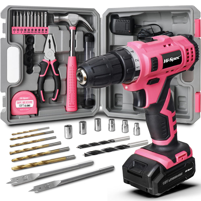 30pc Pink 12V Cordless Power Drill Driver and Home DIY Tool Kit Set. Complete in a Portable Carry Case