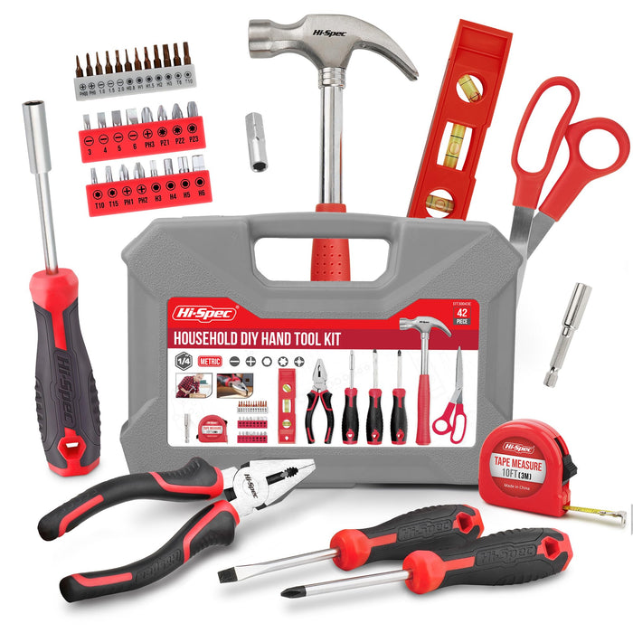 42pc Red Household DIY Small Tool Kit. Complete Starter Basic Tools Kit for Home and Office