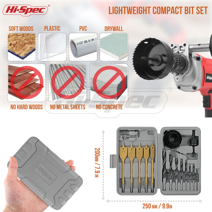 21pc Wood Hole Saws, Brad Points & Spade Drill Bits Set in a Compact Tool Box Case