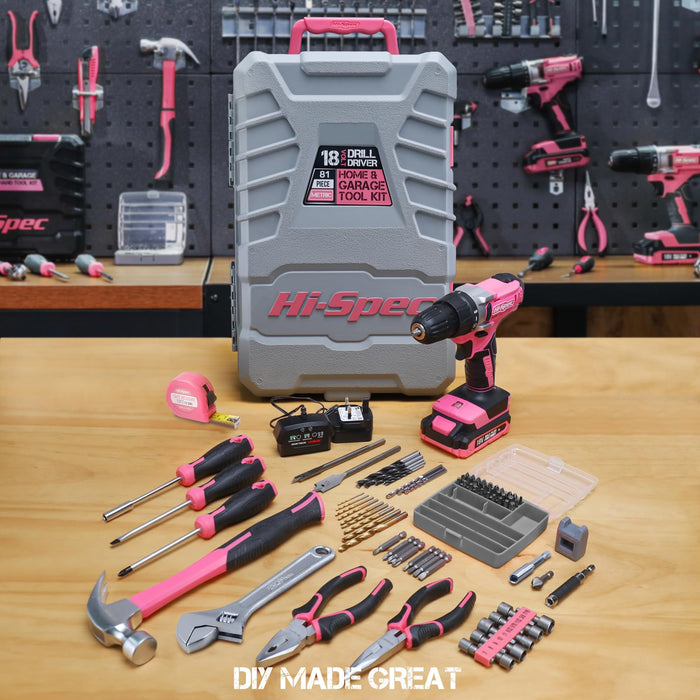 81pc Pink 18V Cordless Power Drill Driver with Bit Set and Home DIY Tool Kit. All in a Folding Carry Case