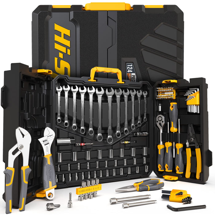 124pc Home & Garage Mechanics Tool Kit Set. Complete Hand Tools for Car and Motorbike Repairs in Tool Box Carry Case