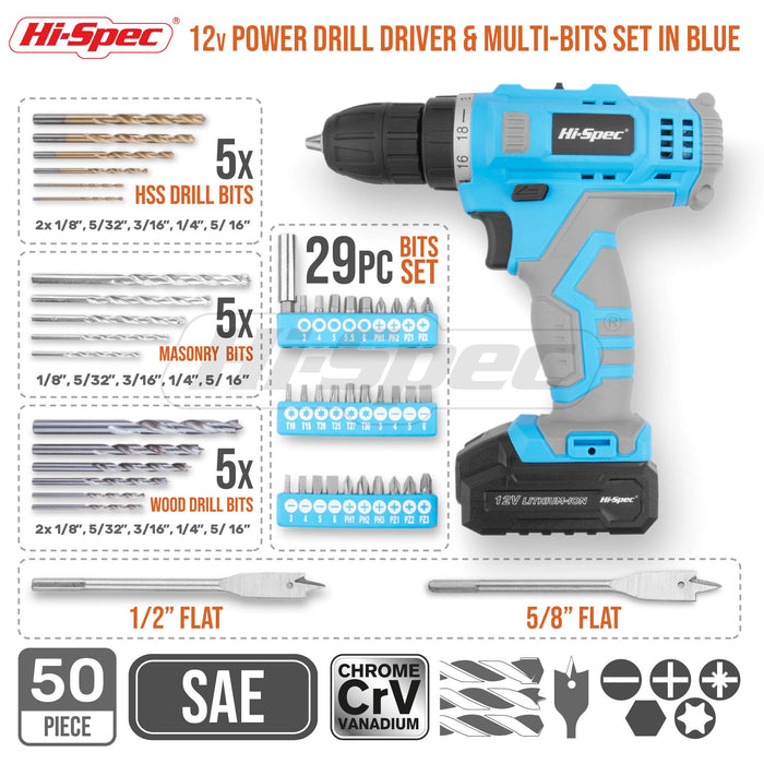 50pc Blue 12V Cordless Power Drill Driver and Drill Bit Set in a Portable Carry Case