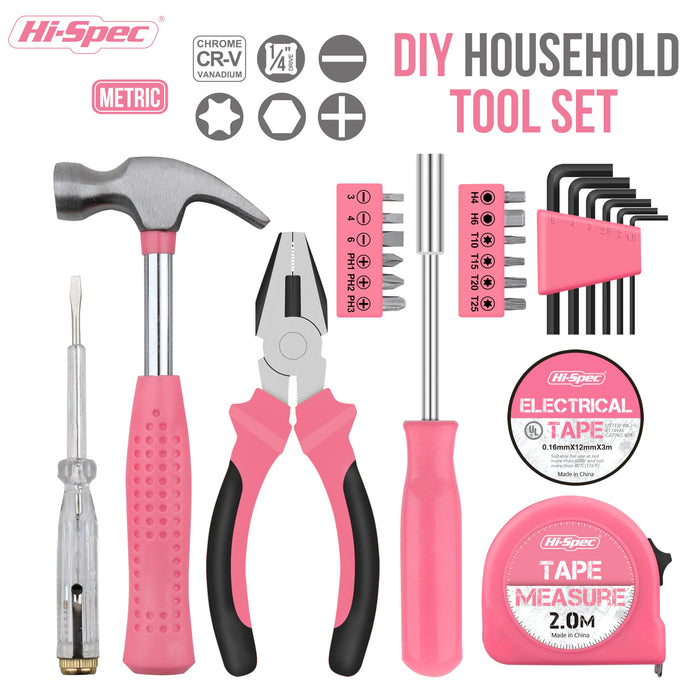 24pc Pink Compact Household DIY Tool Kit Set. Starter Tools in a Portable Box Case