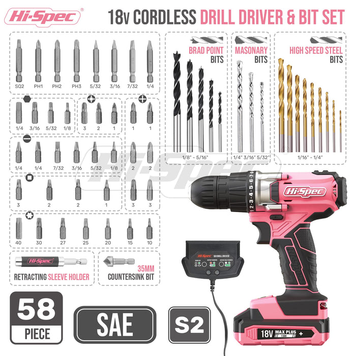 58pc 18V Pink Cordless Power Drill Driver and Drill Bit Set in a Portable and Compact Zipper Case