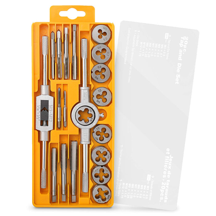 20pc Metric Tap & Die Set. M3 to M12 Sizes to Cut, Chase and Thread. Includes Wrench Handles