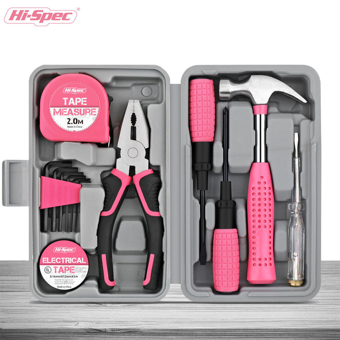 13pc Pink Compact DIY Hand Tool Kit Set for Household and Office Repairs. In a Portable Box Case