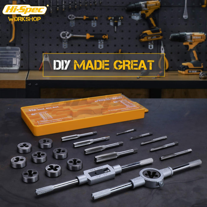 20pc Metric Tap & Die Set. M3 to M12 Sizes to Cut, Chase and Thread. Includes Wrench Handles