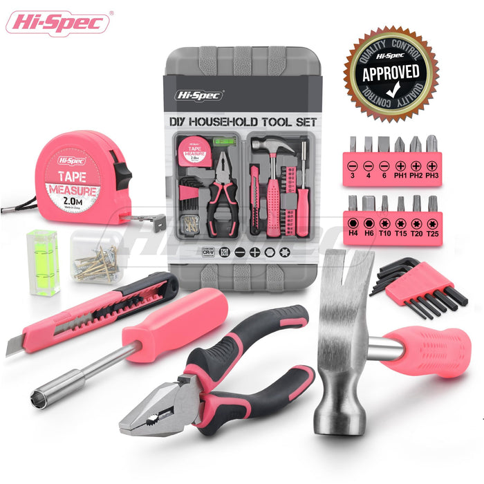 25pc Pink Portable and Compact Household DIY Tool Kit. Small Tool Box Set of Starter Tools