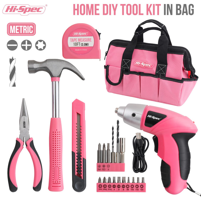 21pc Pink 3.6V USB Electric Power Screwdriver and Hand Tool Set. Get Started in Home and Office DIY