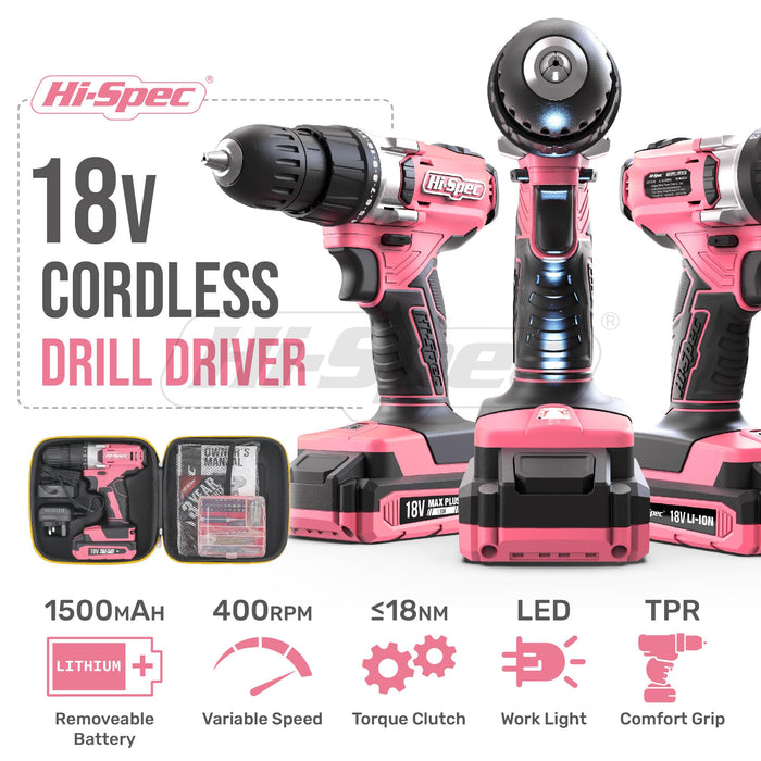 58pc 18V Pink Cordless Power Drill Driver and Drill Bit Set in a Portable and Compact Zipper Case