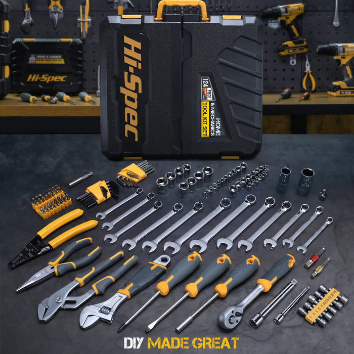 124pc Home & Garage Mechanics Tool Kit Set. Complete Hand Tools for Car and Motorbike Repairs in Tool Box Carry Case