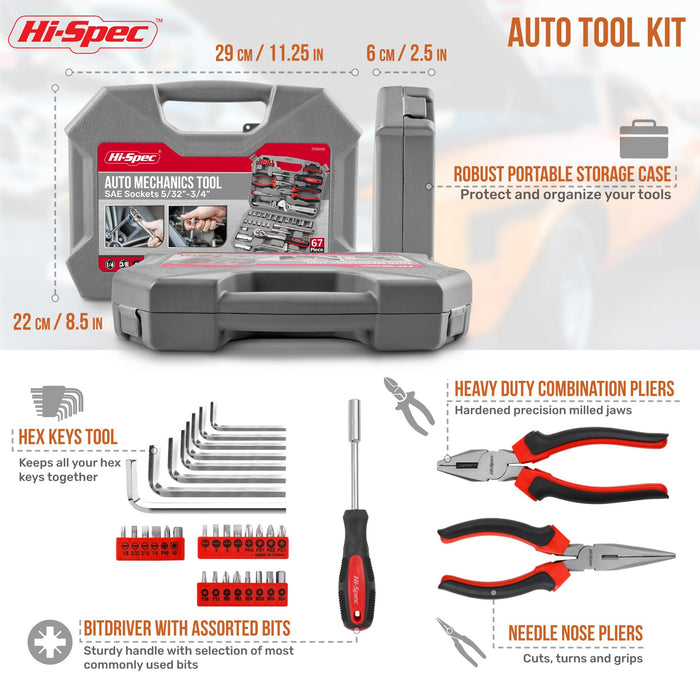 67pc SAE Auto Mechanics Sockets and Hand Tool Kit Set. Portable DIY Set for Car, Motorcycle, Engine & Garage Repairs