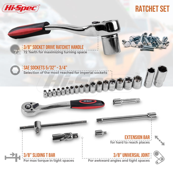 67pc SAE Auto Mechanics Sockets and Hand Tool Kit Set. Portable DIY Set for Car, Motorcycle, Engine & Garage Repairs