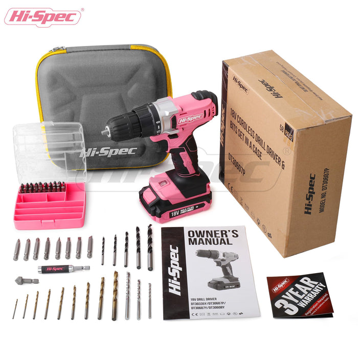 58pc 18V Pink Cordless Power Drill Driver and Drill Bit Set in a Portable and Compact Zipper Case