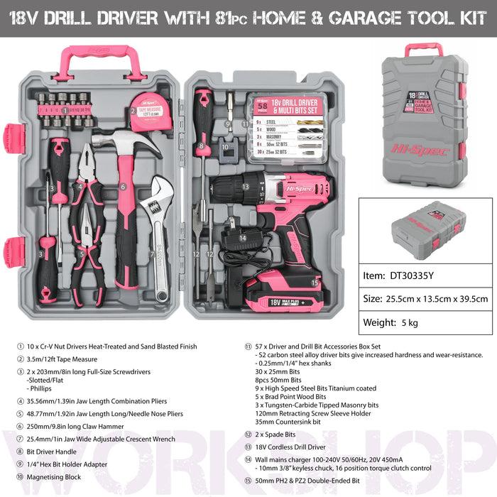 81pc Pink 18V Cordless Power Drill Driver with Bit Set and Home DIY Tool Kit. All in a Folding Carry Case