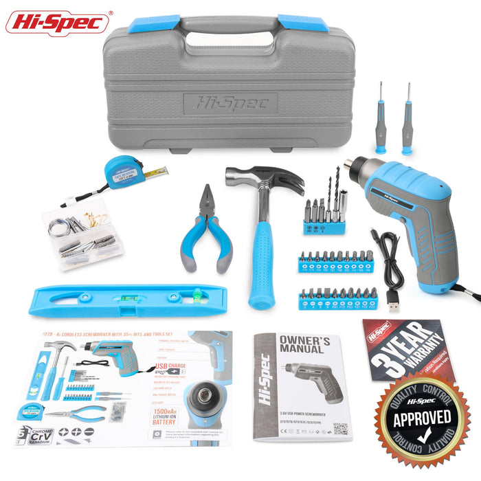 35pc Blue 3.6V USB Electric Screwdriver and Tool Kit Set for Essential Home and Office DIY Repairs