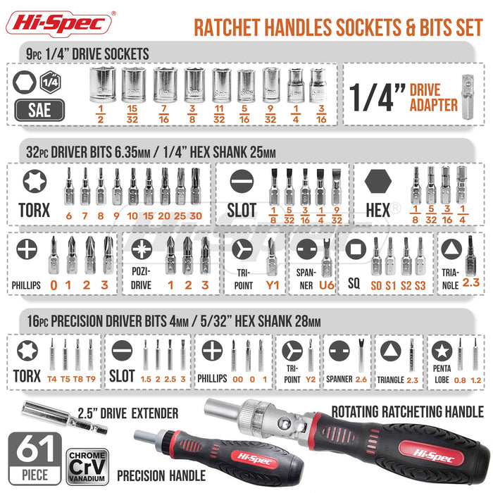 61pc 1/4” Multi Screw Driver Bits & Socket Set with Multi-Angle Head Ratcheting Handle