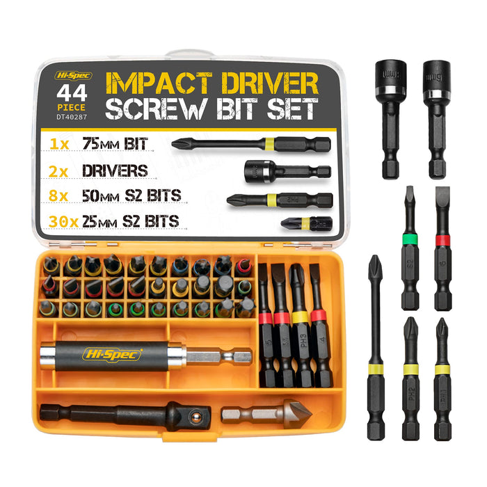 44pc Metric Impact Screw Driver Bit Set and Accessories for Drill Drivers and Power Screwdrivers