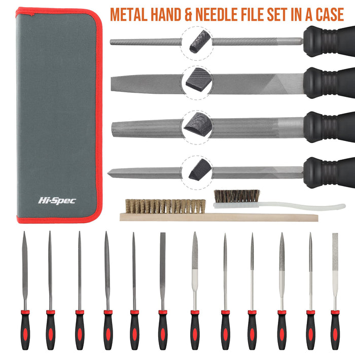 18pc Metal Hand & Needle Files Tool Set. Steel and Diamond Grit Files for DIY, Wood and Crafts. Complete with Brushes