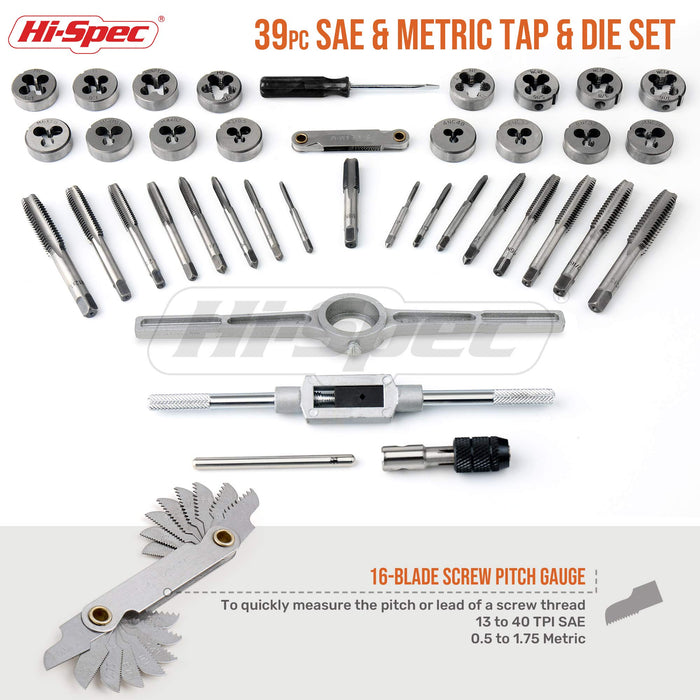 39pc SAE & Metric Tap & Die Set. M3 to M12 / #4 to 1/2in Sizes to Cut, Chase and Thread. Includes Handles and a Screw Pitch Gauge