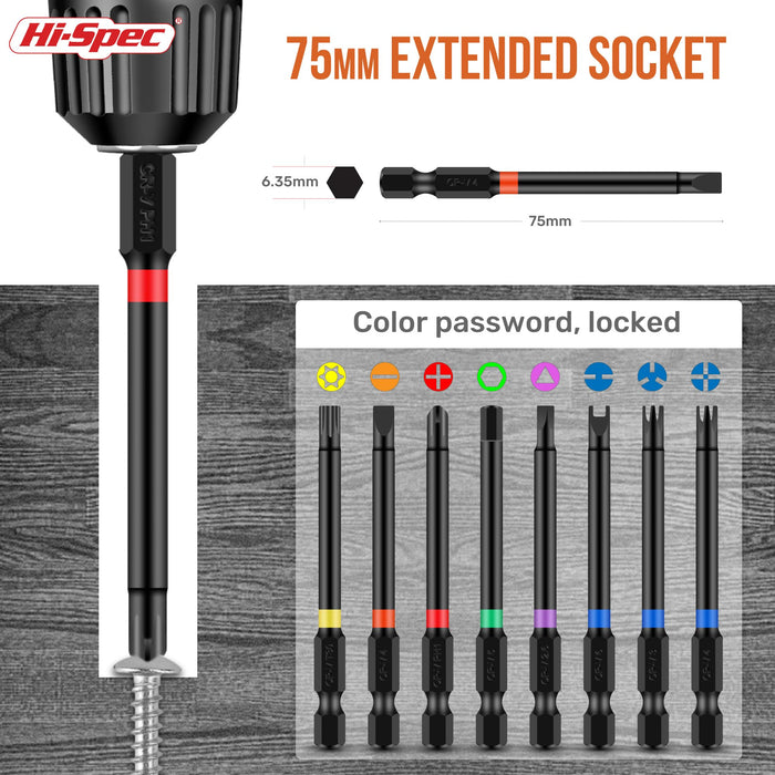 68pc 75 & 25mm Long Screw Driver Bit Set with Ratcheting Handle. Long Hex Shanks and Tamperproof Type Bits