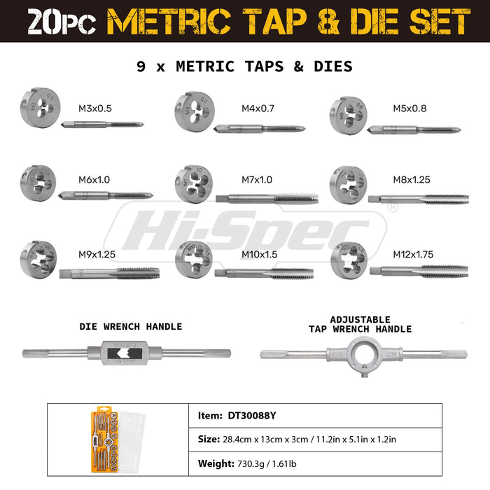 20pc Metric Tap & Die Set. M3 to M12 Sizes to Cut, Chase and Thread. Includes Wrench Handles