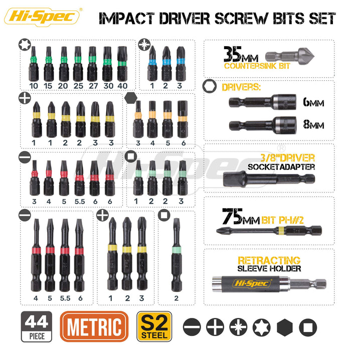 44pc Metric Impact Screw Driver Bit Set and Accessories for Drill Drivers and Power Screwdrivers