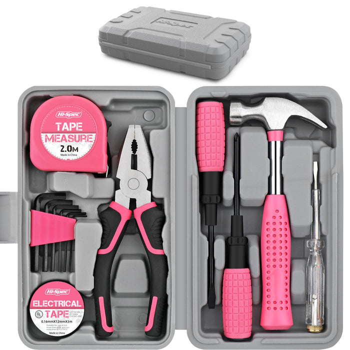 13pc Pink Compact DIY Hand Tool Kit Set for Household and Office Repairs. In a Portable Box Case