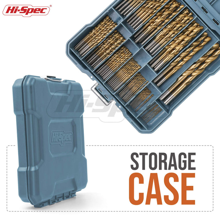 99pc SAE HSS Metal Drill Bit Set. 1/16 to 3/8" Sizes and Titanium Coated for Metal, Plastics, Wood and Drywall. Complete in a Slim Line Storage Case