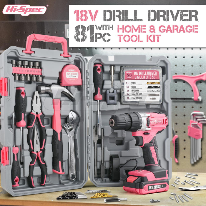 81pc Pink 18V Cordless Power Drill Driver with Bit Set and Home DIY Tool Kit. All in a Folding Carry Case