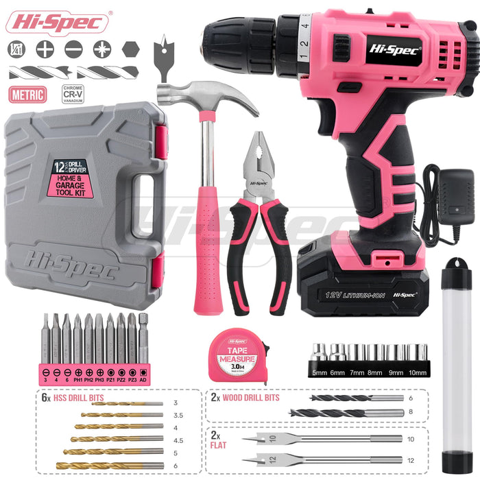 30pc Pink 12V Cordless Power Drill Driver and Home DIY Tool Kit Set. Complete in a Portable Carry Case