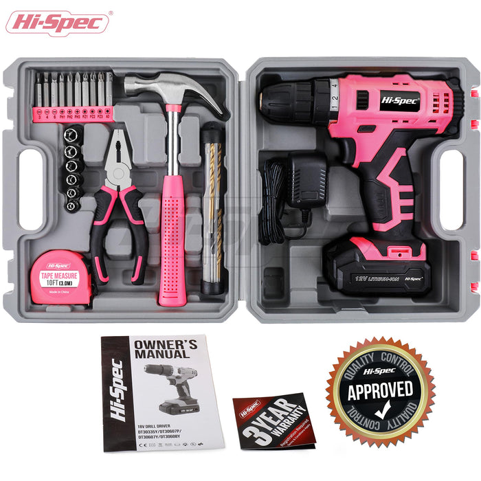 30pc Pink 12V Cordless Power Drill Driver and Home DIY Tool Kit Set. Complete in a Portable Carry Case