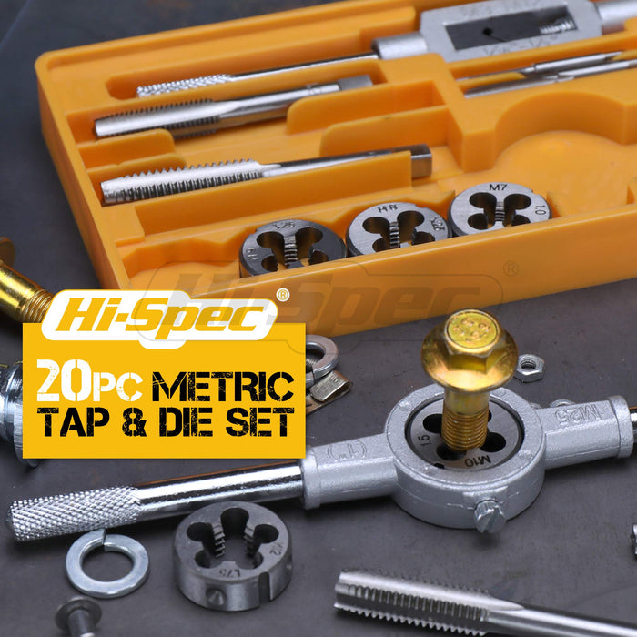 20pc Metric Tap & Die Set. M3 to M12 Sizes to Cut, Chase and Thread. Includes Wrench Handles