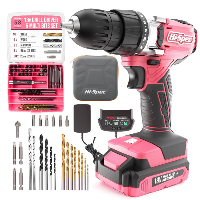 58pc 18V Pink Cordless Power Drill Driver and Drill Bit Set in a Portable and Compact Zipper Case