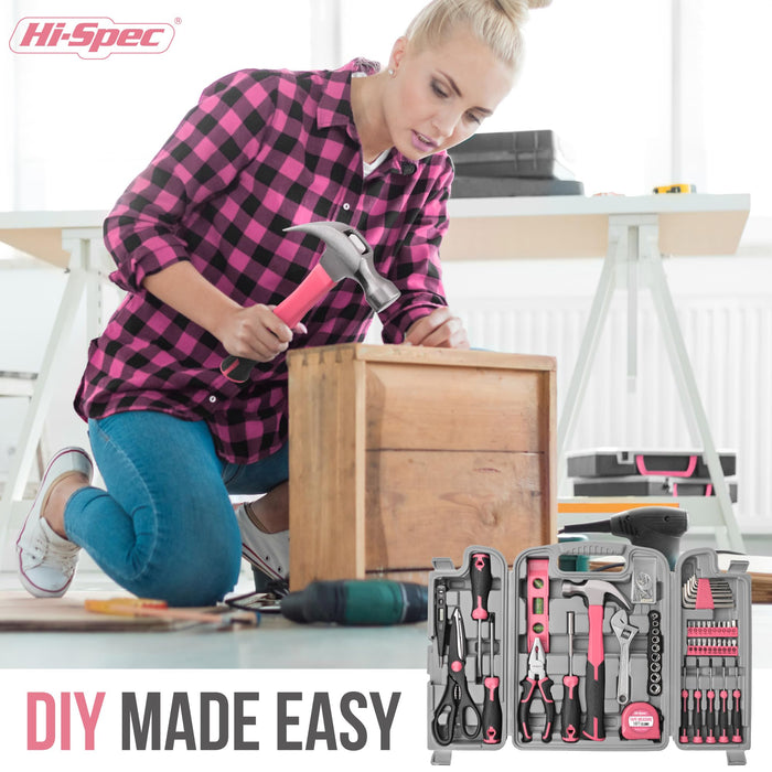 54pc Pink Home and Garage DIY Tool Kit Set. Complete Hand Tools in a Portable Carry Case