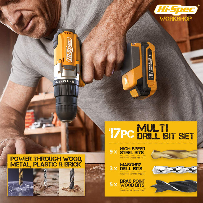 58pc 18V Yellow Cordless Power Drill Driver and Drill Bit Set. All in a Portable and Compact Zipper Case