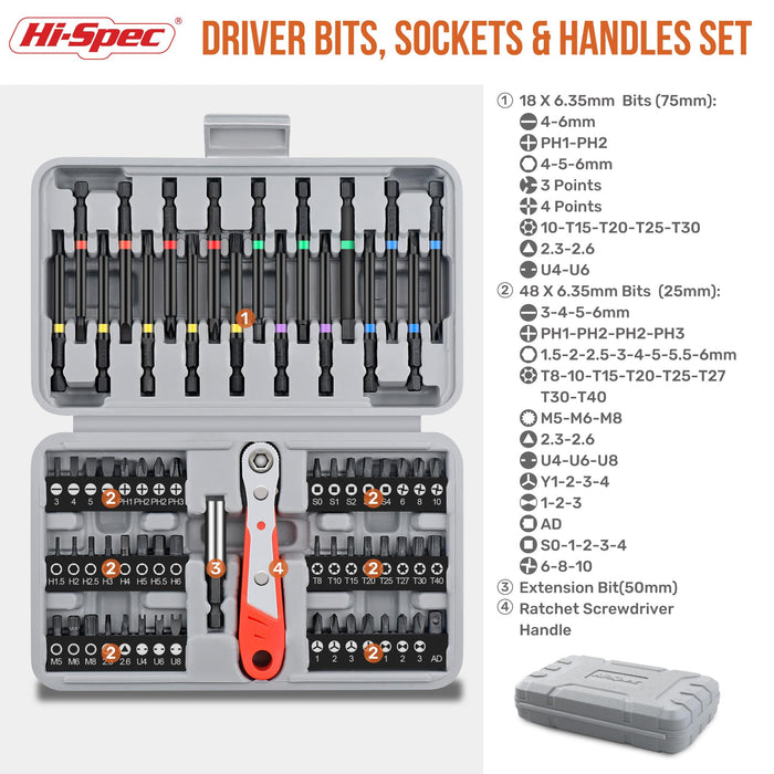 68pc 75 & 25mm Long Screw Driver Bit Set with Ratcheting Handle. Long Hex Shanks and Tamperproof Type Bits