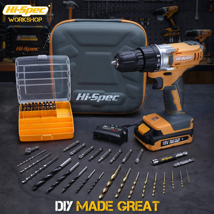 58pc 18V Yellow Cordless Power Drill Driver and Drill Bit Set. All in a Portable and Compact Zipper Case