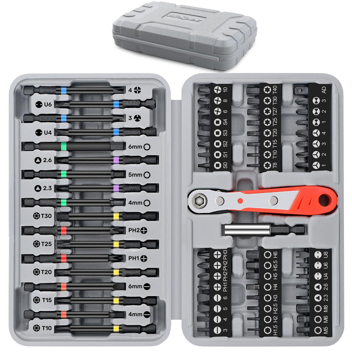 68pc 75 & 25mm Long Screw Driver Bit Set with Ratcheting Handle. Long Hex Shanks and Tamperproof Type Bits