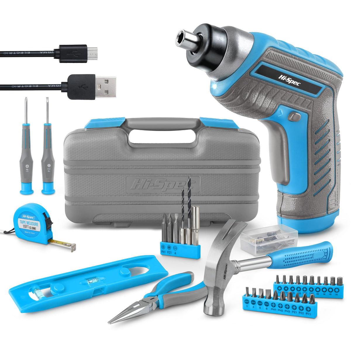 HiSpec 35pc Blue tool kit with 3.6V USB Electric Screwdriver and dril
