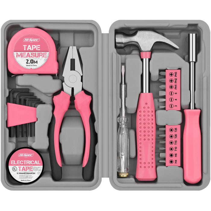 24pc Pink Compact Household DIY Tool Kit Set. Starter Tools in a Portable Box Case