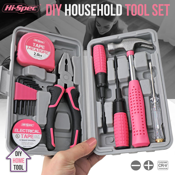 13pc Pink Compact DIY Hand Tool Kit Set for Household and Office Repairs. In a Portable Box Case