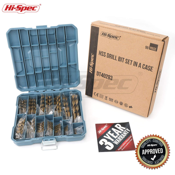 99pc SAE HSS Metal Drill Bit Set. 1/16 to 3/8" Sizes and Titanium Coated for Metal, Plastics, Wood and Drywall. Complete in a Slim Line Storage Case