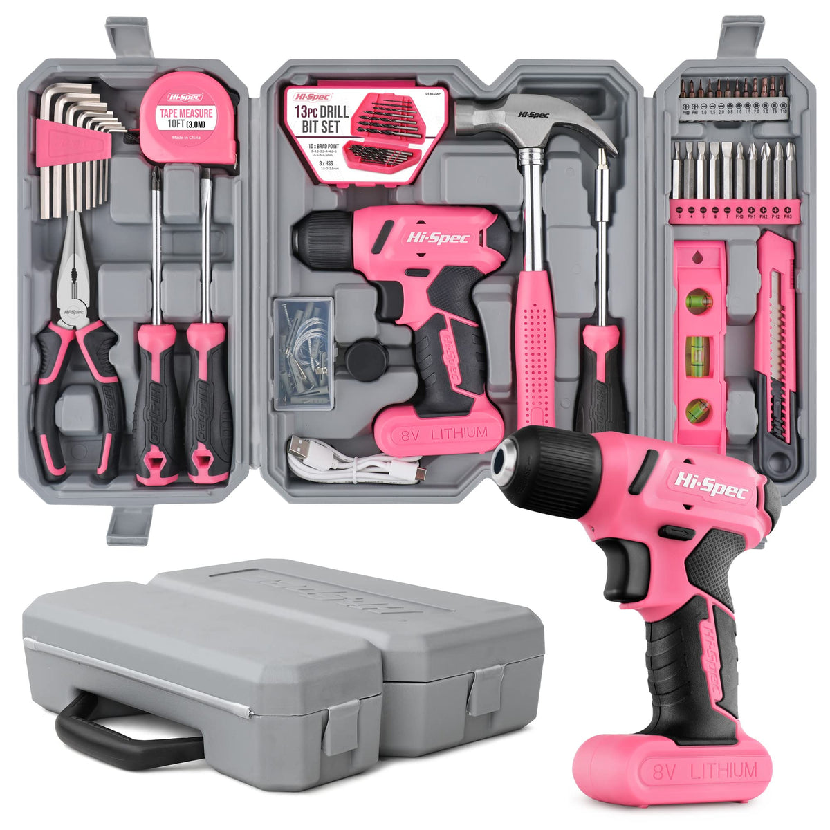 HiSpec Drill Set 58pc Pink Tool Set 8V USB Electric Drill Driver & Ho