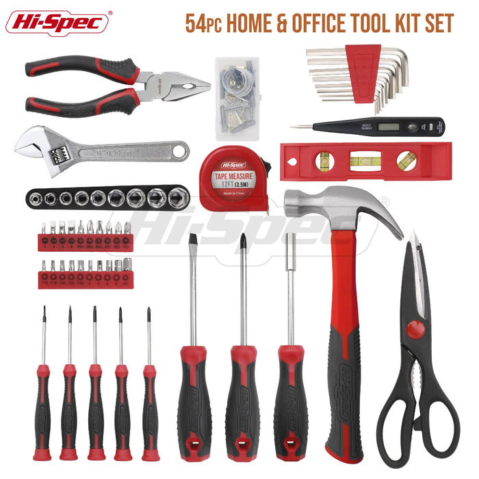 54pc Red Home and Garage DIY Tool Kit Set. Complete Hand Tools in a Portable Carry Case