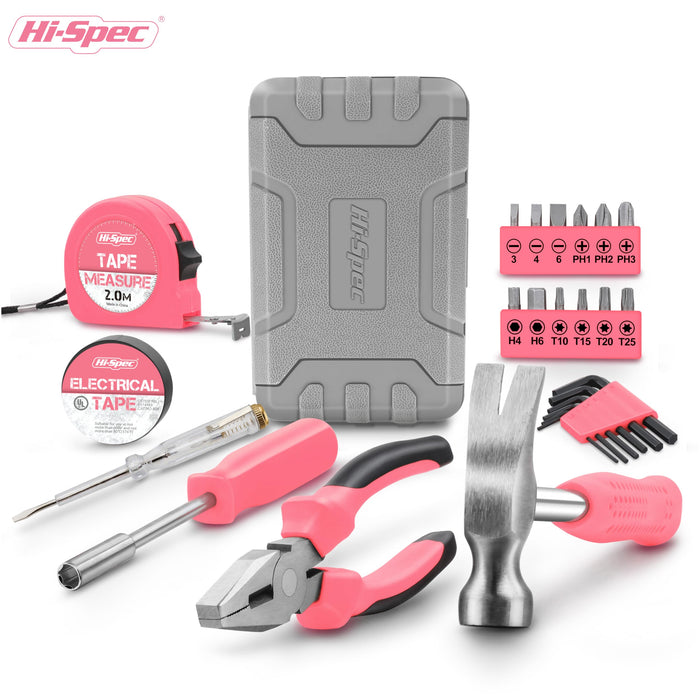 24pc Pink Compact Household DIY Tool Kit Set. Starter Tools in a Portable Box Case