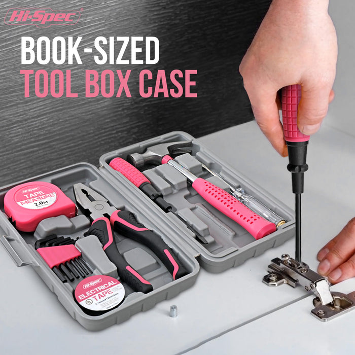 13pc Pink Compact DIY Hand Tool Kit Set for Household and Office Repairs. In a Portable Box Case