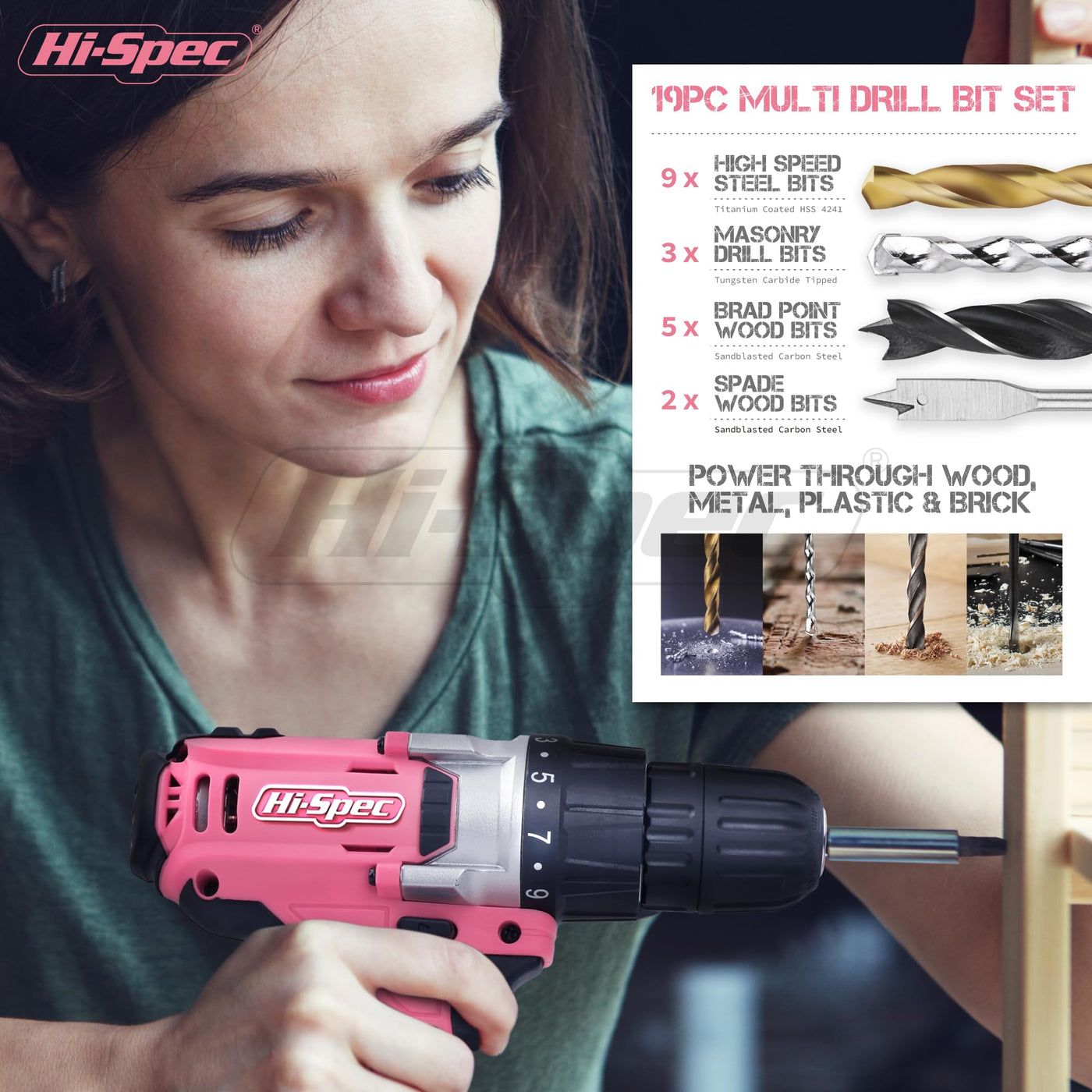 HiSpec Drill Pink Tool Set 81pc Pink 18V Cordless Power Drill Driver